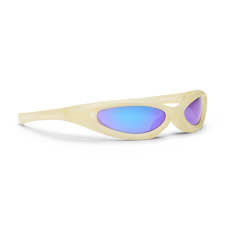 Beige sunglasses with purple lenses on a white background